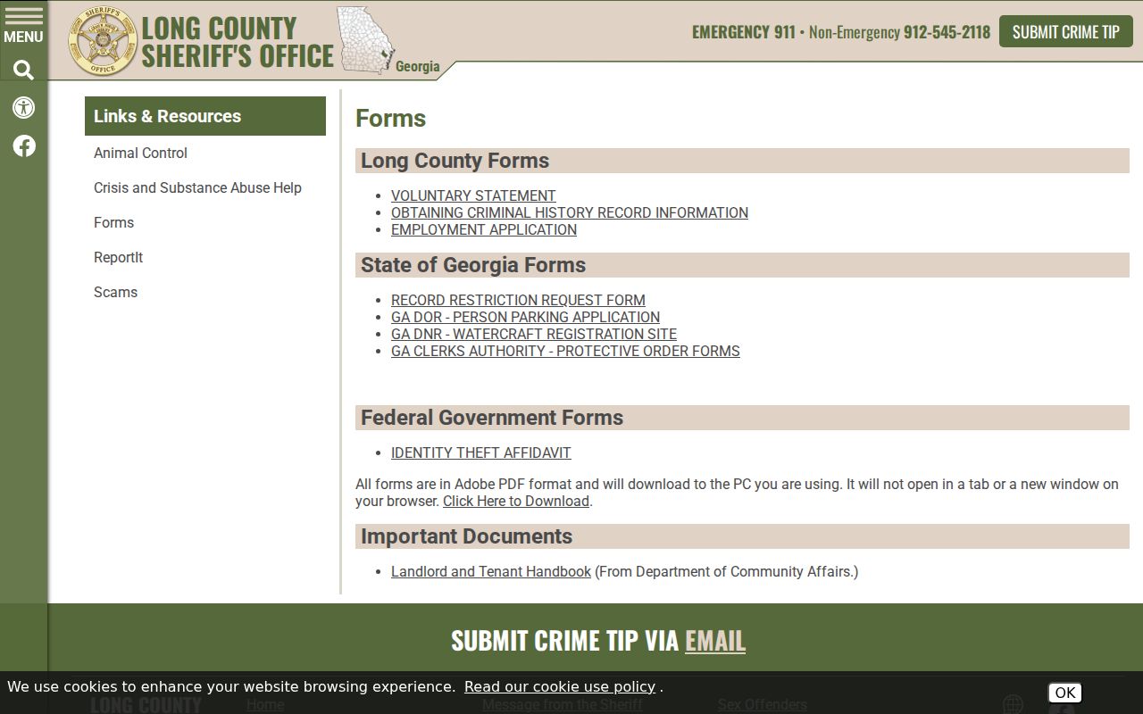 Long County bench warrant records forms categories