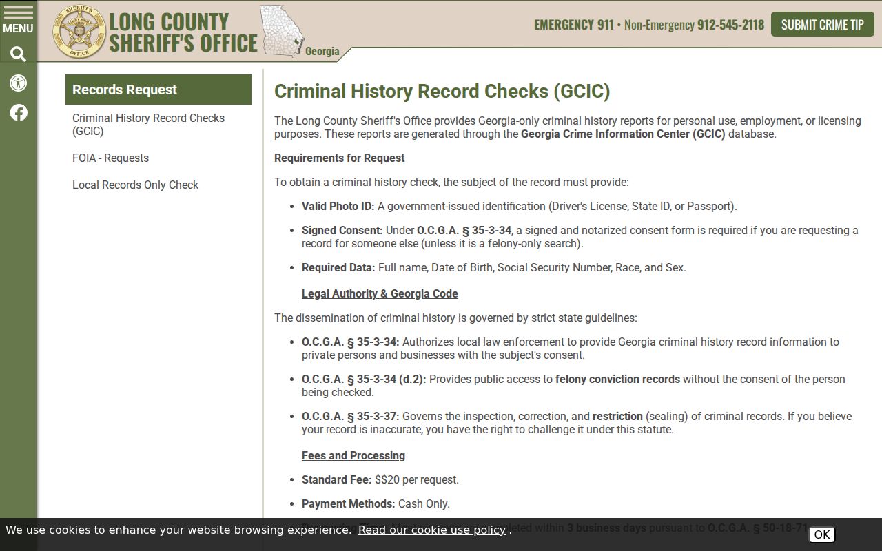 Long County bench warrant search and separate criminal history fee