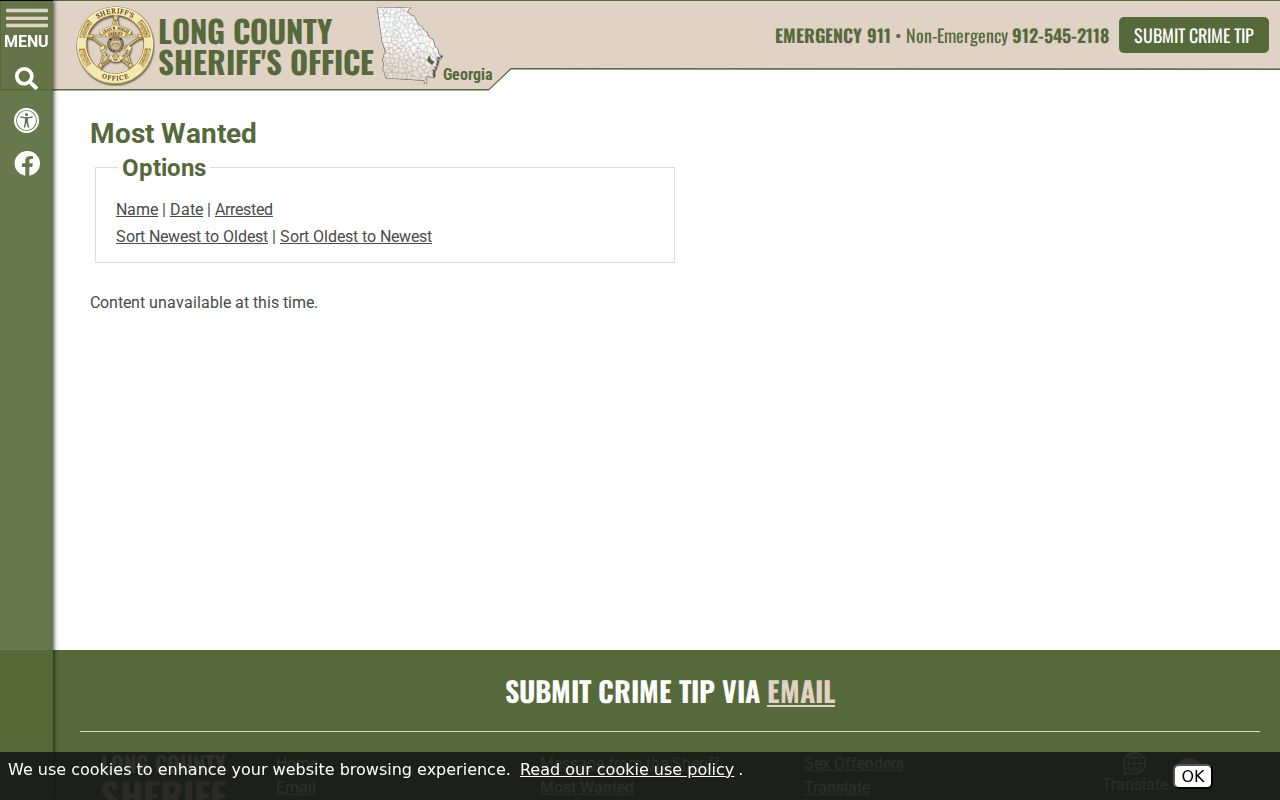 Long County warrant records Most Wanted sorting controls