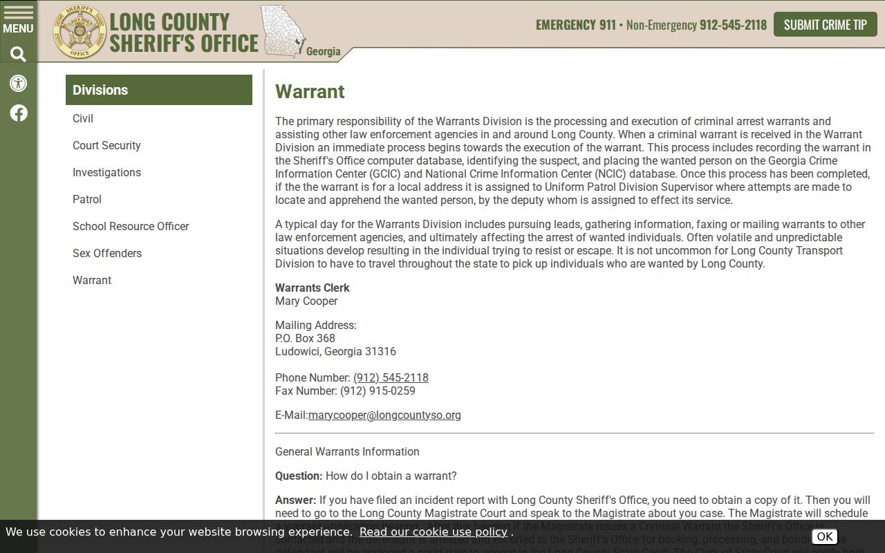 Long County warrant records Warrants Division process